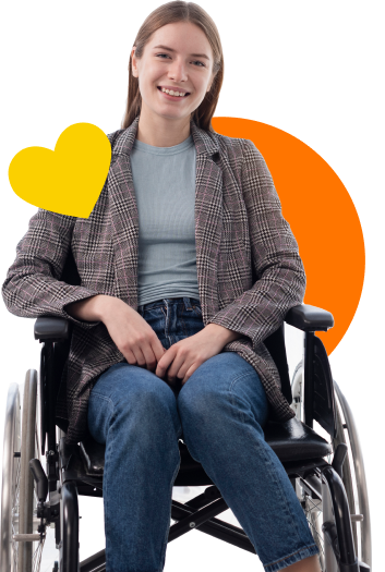 Mujer en silla de ruedas sonriendo.