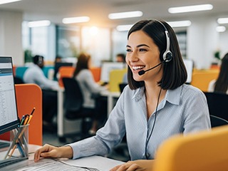 Asesora de servicio al cliente con diadema y micrófono atendiendo una llamada en oficina moderna.